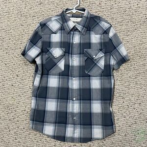 Ditch Plains Boys Cotton Short Sleeve Pearl Snap Blue Plaid Shirt Sz Large 14/16